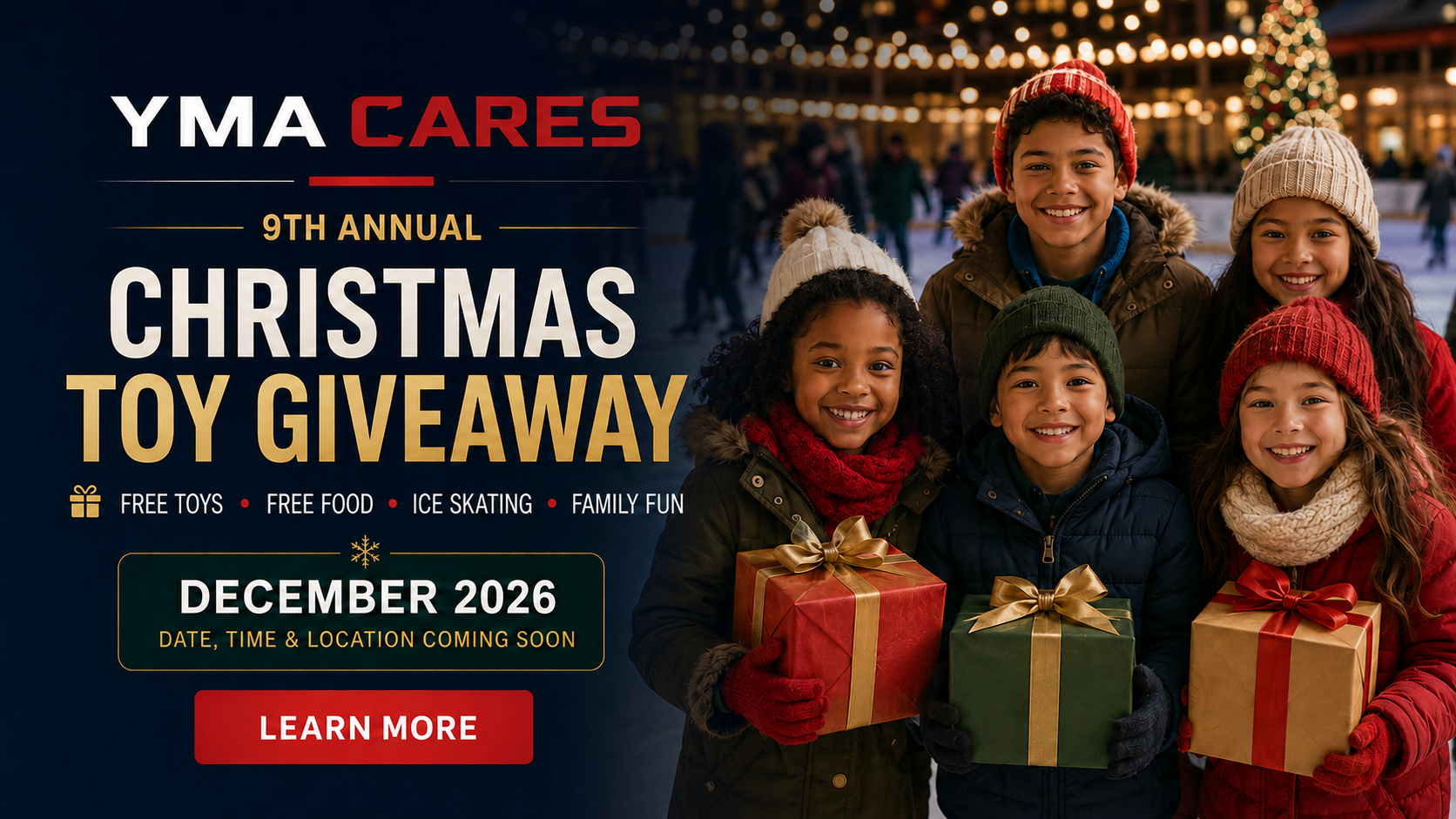 YMA Cares 9th Annual Christmas Toy Giveaway 2026 promotional poster featuring a holiday toy giveaway, free ice skating, family activities, sponsor opportunities, and community event information for Greenville, Spartanburg, Laurens, and Anderson, South Carolina.